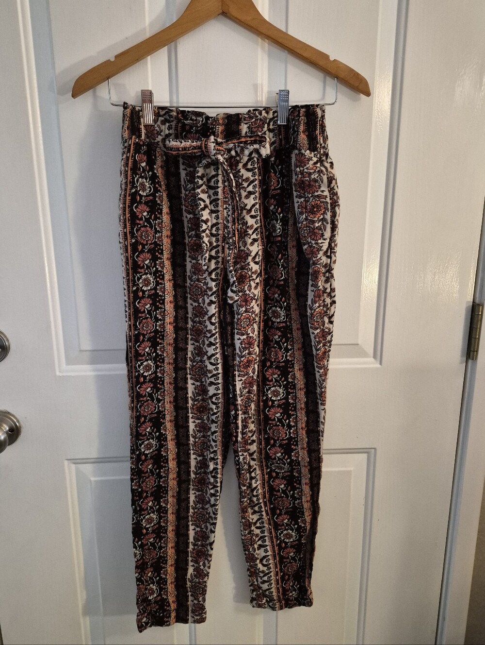 Boho Floral Stripe Waist Pants - Black, Cream, Rust